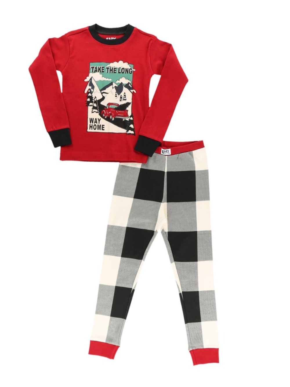 Lazy One Red Top with Black & White Buffalo Plaid Pajama Set for Kids